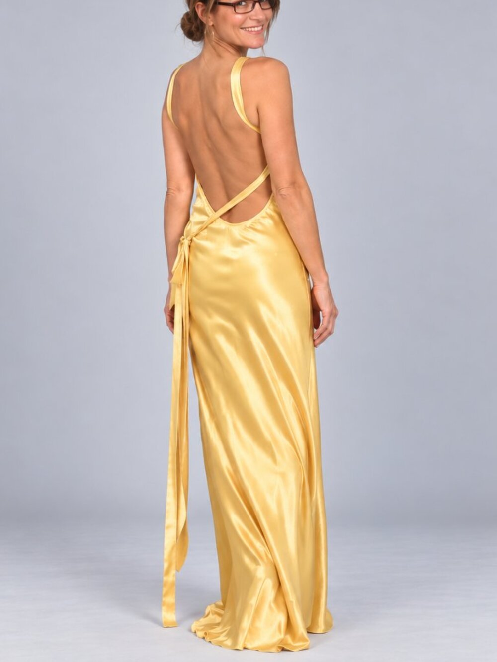 Commense Yellow Satin Asymmetrical Slip Dress XS